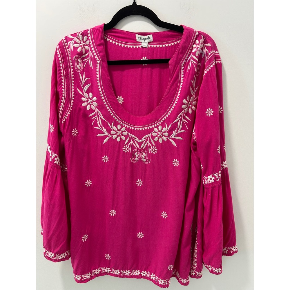 Escapada Womens Magenta Pink Embroidered Long Bell Sleeve Tunic Top Large